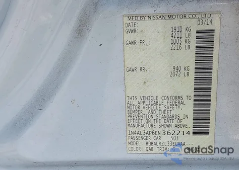 2014 Nissan Altima 2.5 S из США, поврежденный, VIN 1N4AL3AP6EN362214